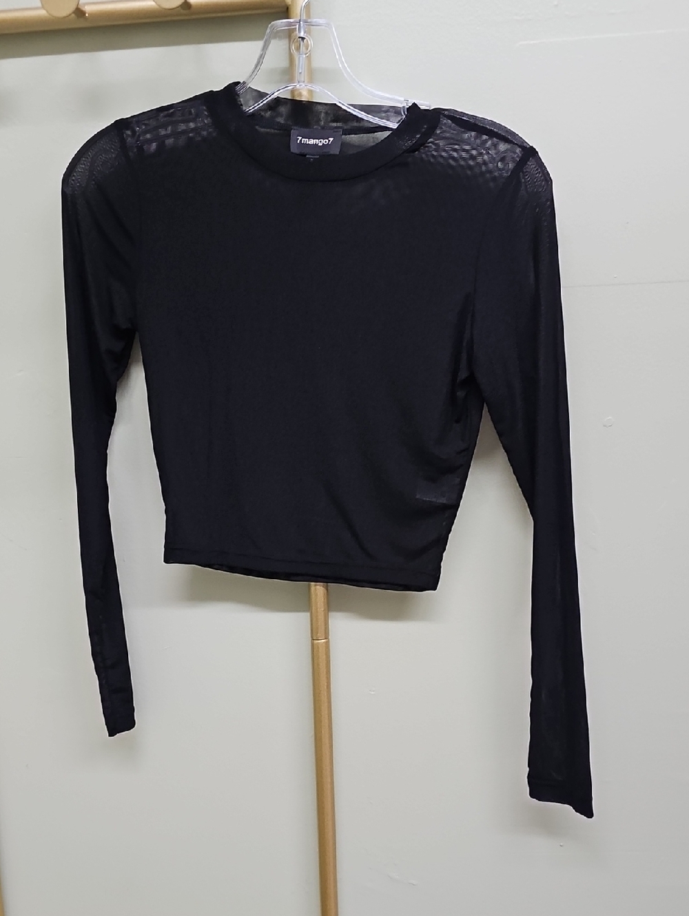 New Mango Black Long-Sleeve Sheer-Panel Crop Top